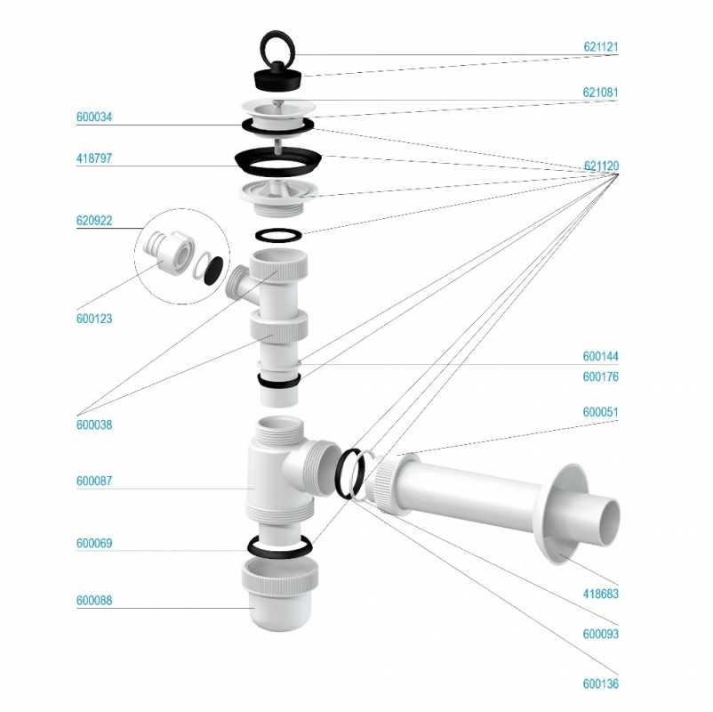 Slovarm Mosdószifon, műanyag lefolyószűrő Ø63, csatlakozócsonkkal 621136