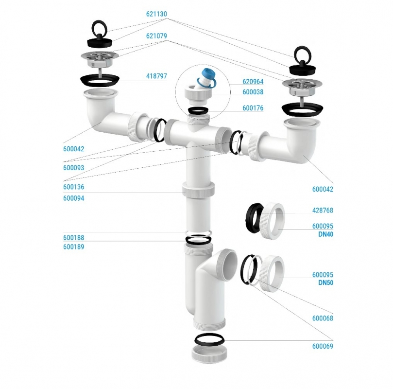 Slovarm Mosogatószifon kétmedencés mosogatóhoz, Ø70 mm-es rozsdamentes acél lefolyószűrő, csatlakozócsonkkal 620984