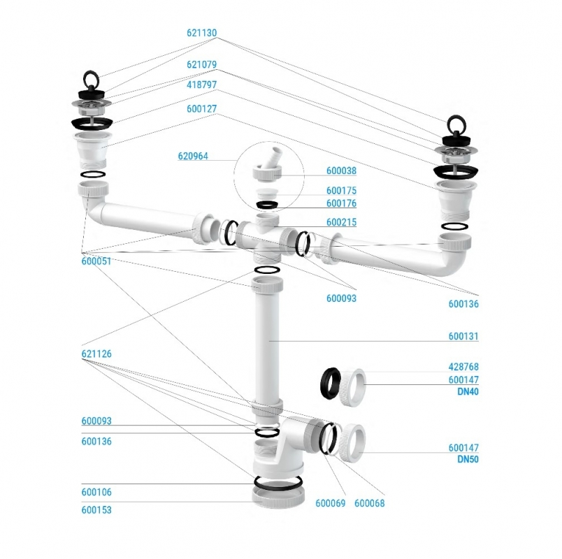 Slovarm Mosogatószifon kétmedencés mosogatóhoz, Ø70 mm-es rozsdamentes acél lefolyószűrő, csatlakozócsonkkal 621004