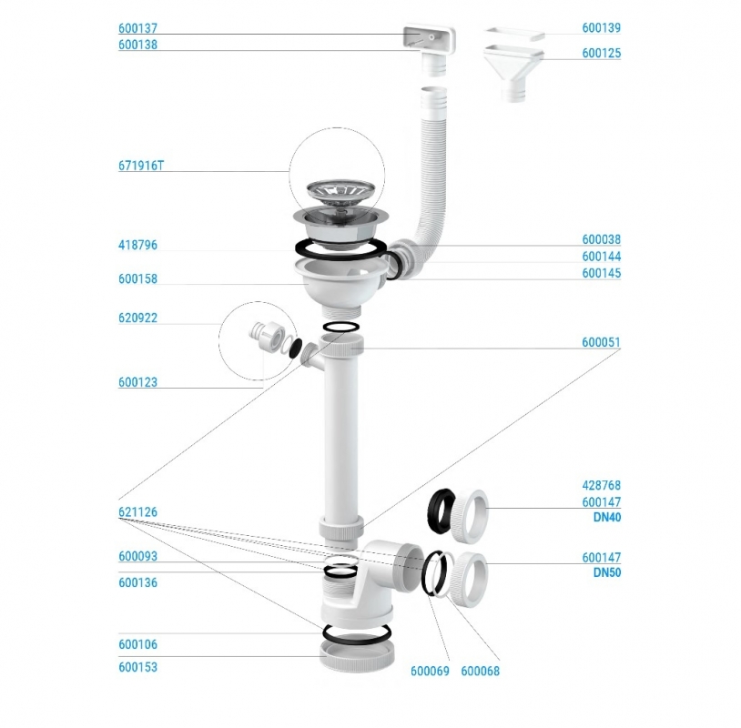 Slovarm Mosogatószifon, Ø114 mm-es rozsdamentes acél lefolyószűrő, csatlakozócsonkkal és flexibilis túlfolyóval 621117