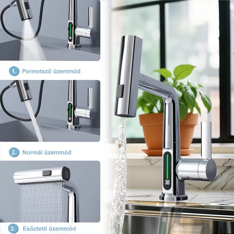 Leziter Mara Mosogató csaptelep multifunkciós fejjel digitális kijelzővel, króm (ZS-7020-CH)