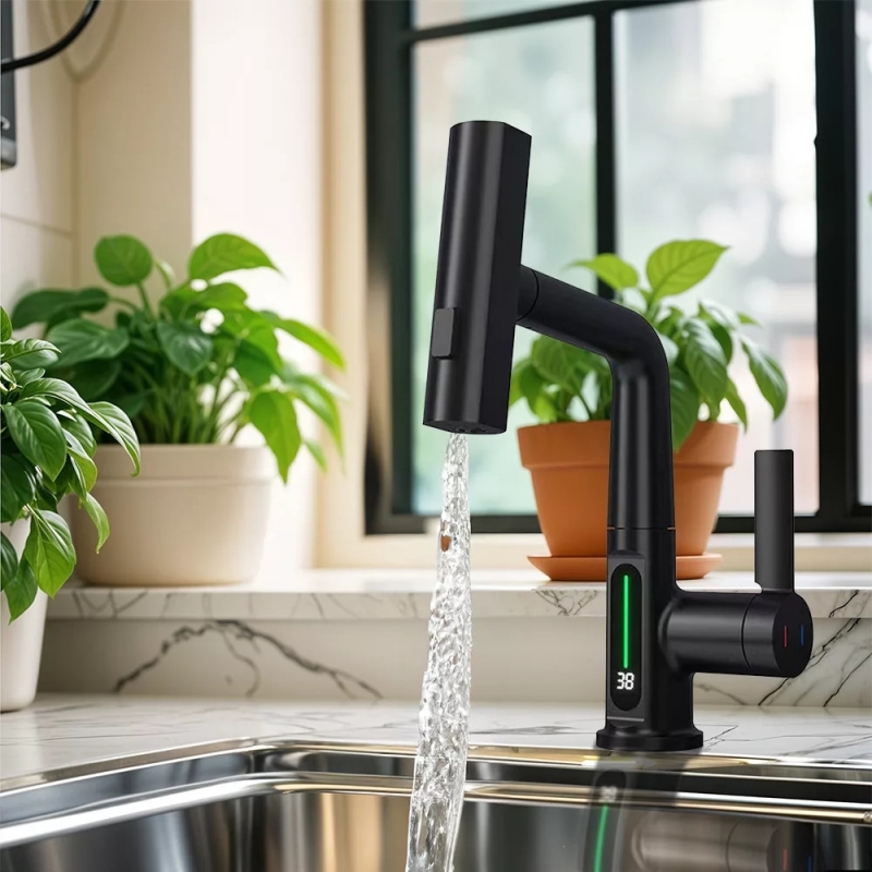 Leziter Mara Mosogató csaptelep multifunkciós fejjel digitális kijelzővel, fekete (ZS-7020-BL)