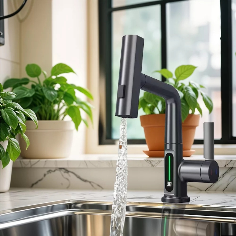 Leziter Mara Mosogató csaptelep multifunkciós fejjel digitális kijelzővel, szürke (ZS-7020-GR)