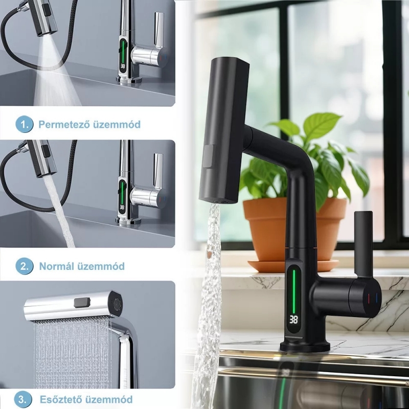 Leziter Mara Mosogató csaptelep multifunkciós fejjel digitális kijelzővel, szürke (ZS-7020-GR)