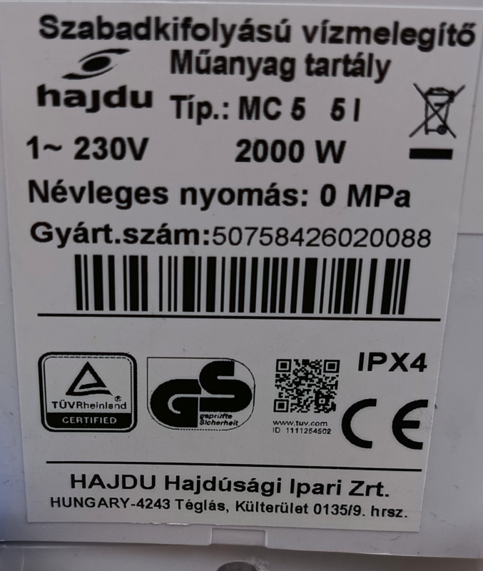 Hajdu MC 5 Mini Felsős elektromos vízmelegítő 5 literes (csomagolás és termék sérült) 26/79