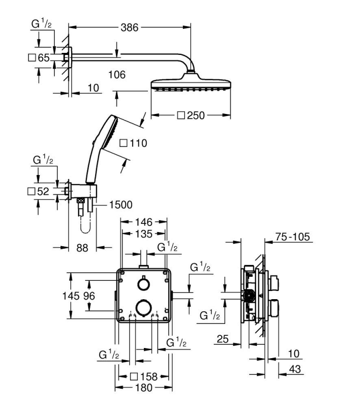 Grohe Precision Termosztátos rejtett zuhanyrendszer Vitalio Comfort 250 zuhanyfejjel matt fekete 348822430
