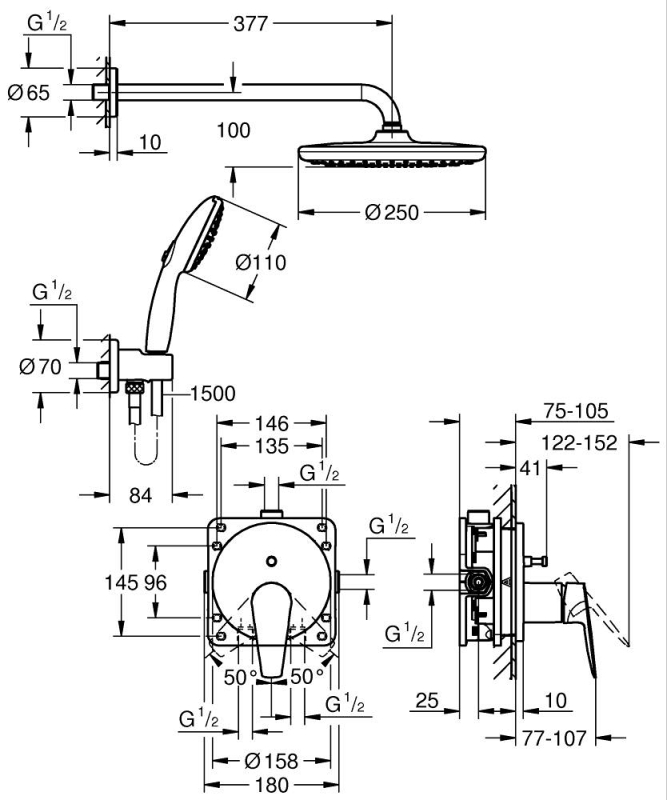 Grohe Start Edge Rejtett zuhanyrendszer Vitalio Comfort 250 zuhanyfejjel króm 25293000