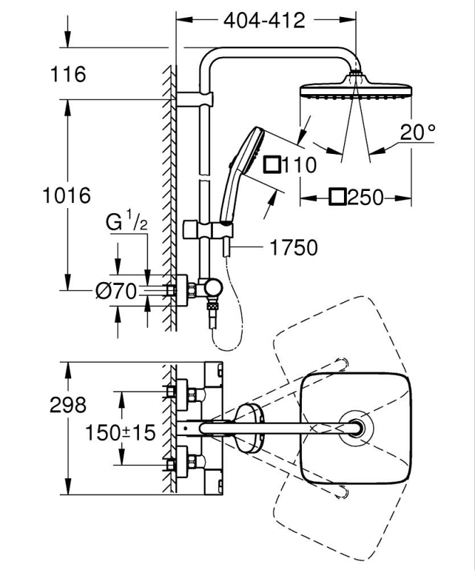 Grohe Vitalio Comfort 250 Termosztátos zuhanyrendszer matt fekete 266962431