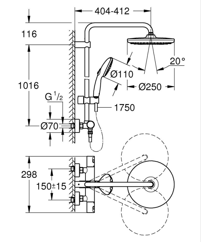 Grohe Vitalio Start System 250 Termosztátos zuhanyrendszer fej- és kézizuhannyal matt fekete 266772431