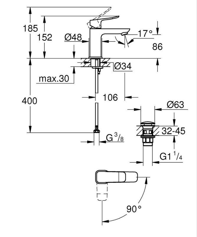 Grohe Dice S egykaros mosdó csaptelep klikk klakkos leeresztőszeleppel matt fekete 1018612430