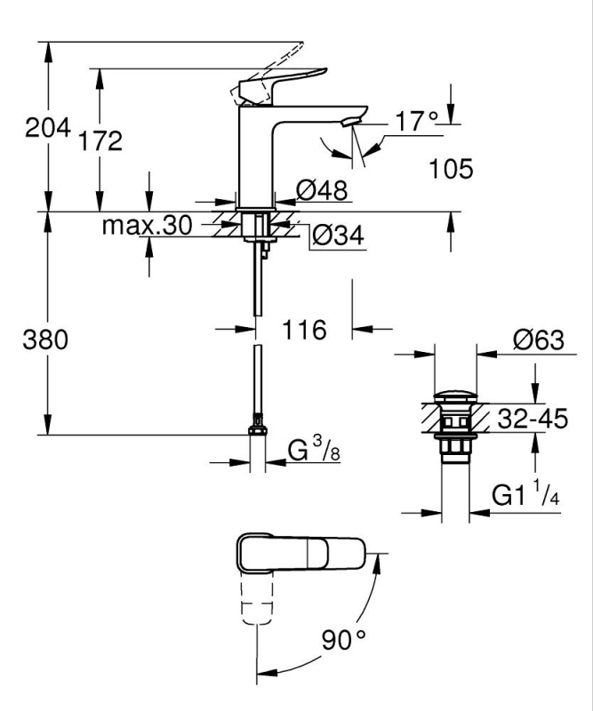 Grohe Dice M egykaros mosdó csaptelep klikk klakkos leeresztőszeleppel matt fekete 1018362430