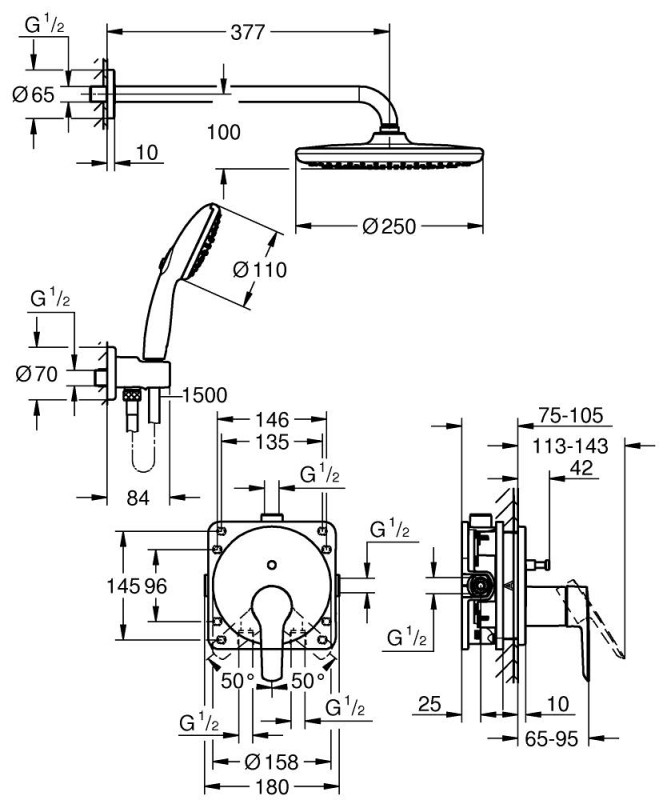 Grohe Start Termosztátos rejtett zuhanyrendszer Vitalio Comfort 250 fejzuhannyal króm 25292000