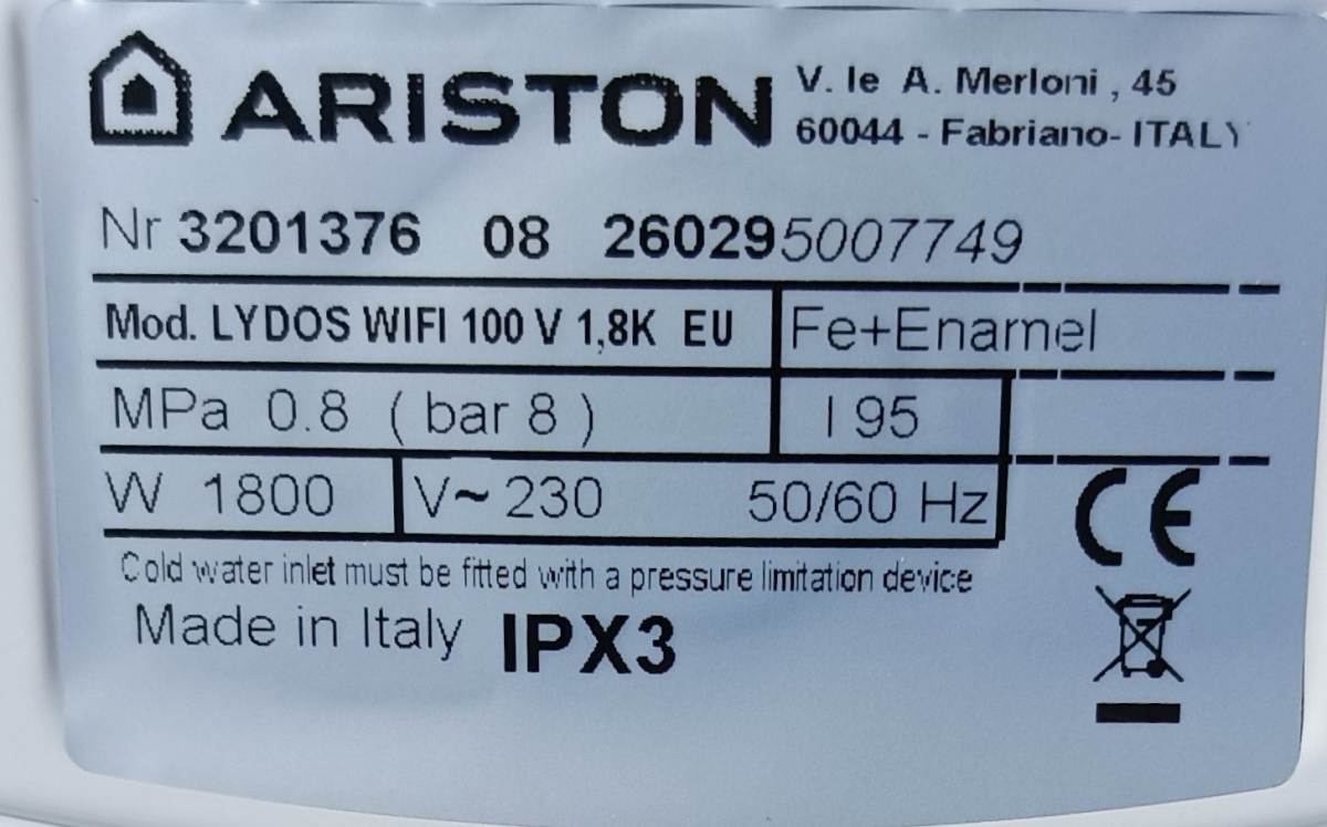 Ariston Lydos Wifi 100 V 1,8K EN EU Villanybojler (csomagolás és termék sérült) 26/260