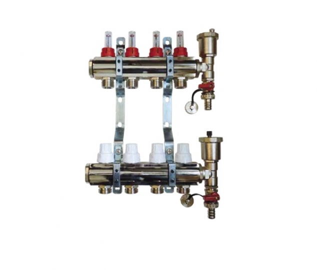 BRH 3 körös Komplett RM-áramlásmérős osztó-gyűjtő bilincsen osztóvéggel légtelenítővel és töltő-ürítő csappal