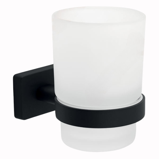 Ferro Greta Black Üveg fogmosópohár tartóval fali rögzítéssel, matt fekete