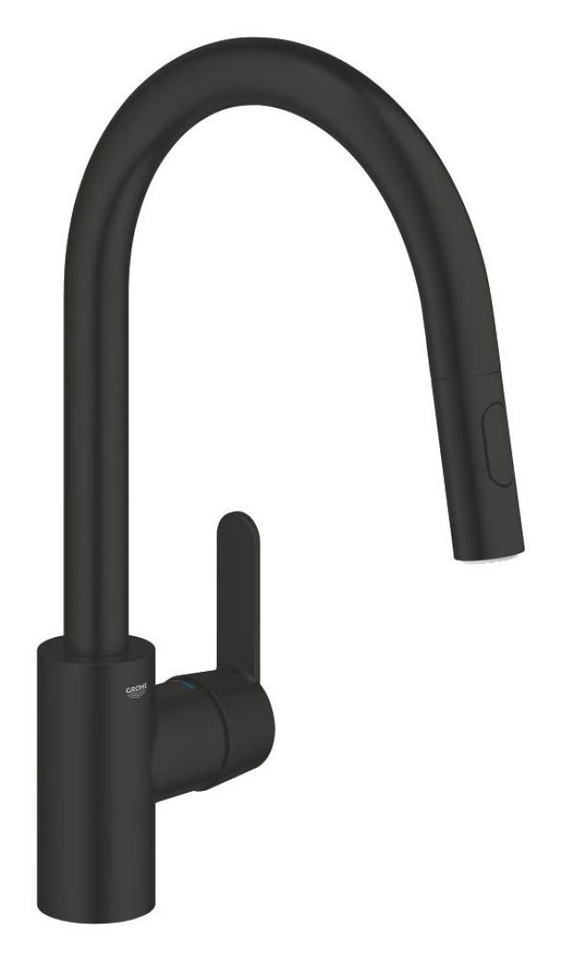 GROHE Get QuickFix Álló mosogatócsaptelep kihúzható, kétfunkciós zuhanyfejjel, magas elforgatható C-alakú kifolyóval, matt fekete 314842431