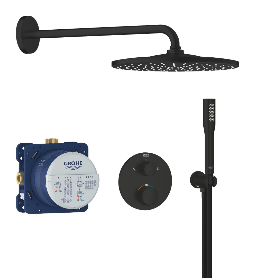 GROHE Precision Falba süllyesztett termosztátos zuhanyrendszer 2 kimenettel, Vitalio Rain Mono 310 fejzuhany, Vitalio Get Stick kézizuhany, matt fekete 348802430
