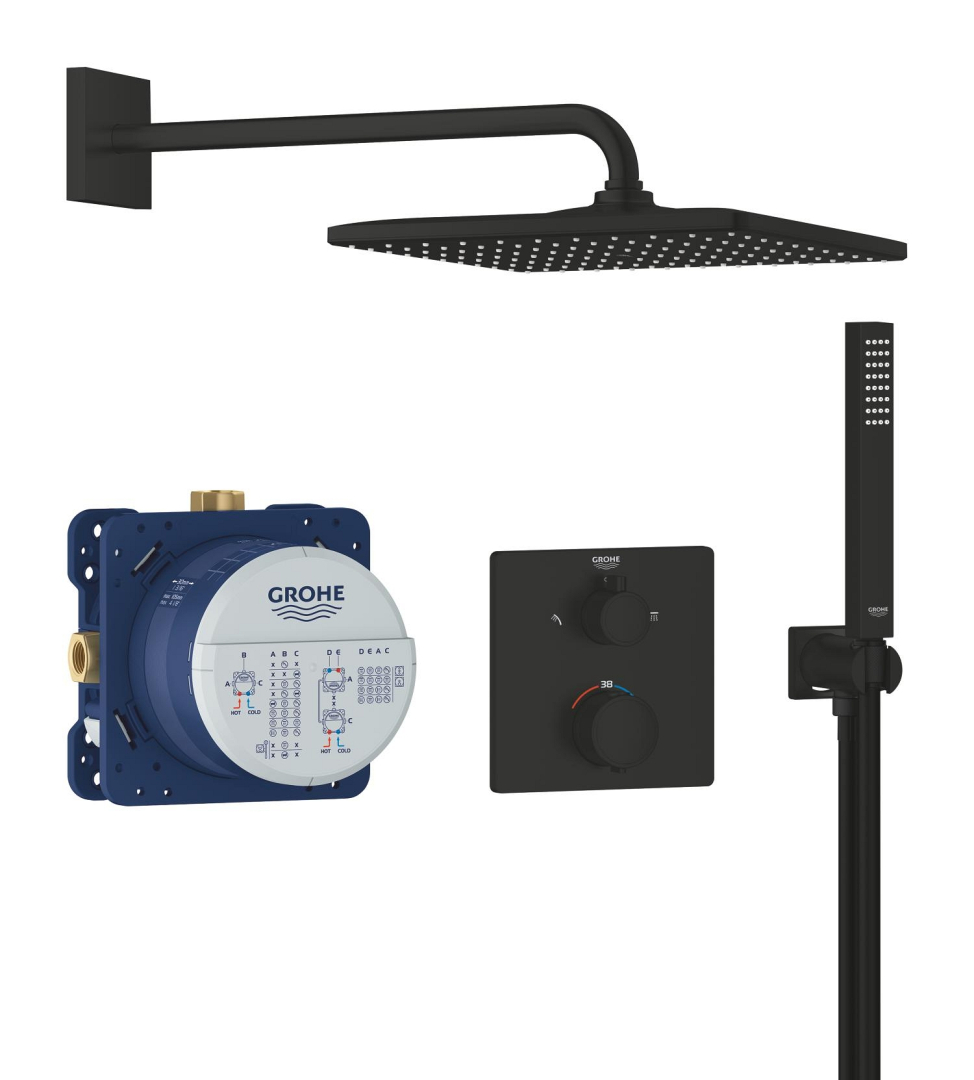 GROHE Precision Falba süllyesztett termosztátos zuhanyrendszer, Vitalio SmartActive 310 fejzuhany, Vitalio Joy Cube Stick kézizuhany, matt fekete 348812430