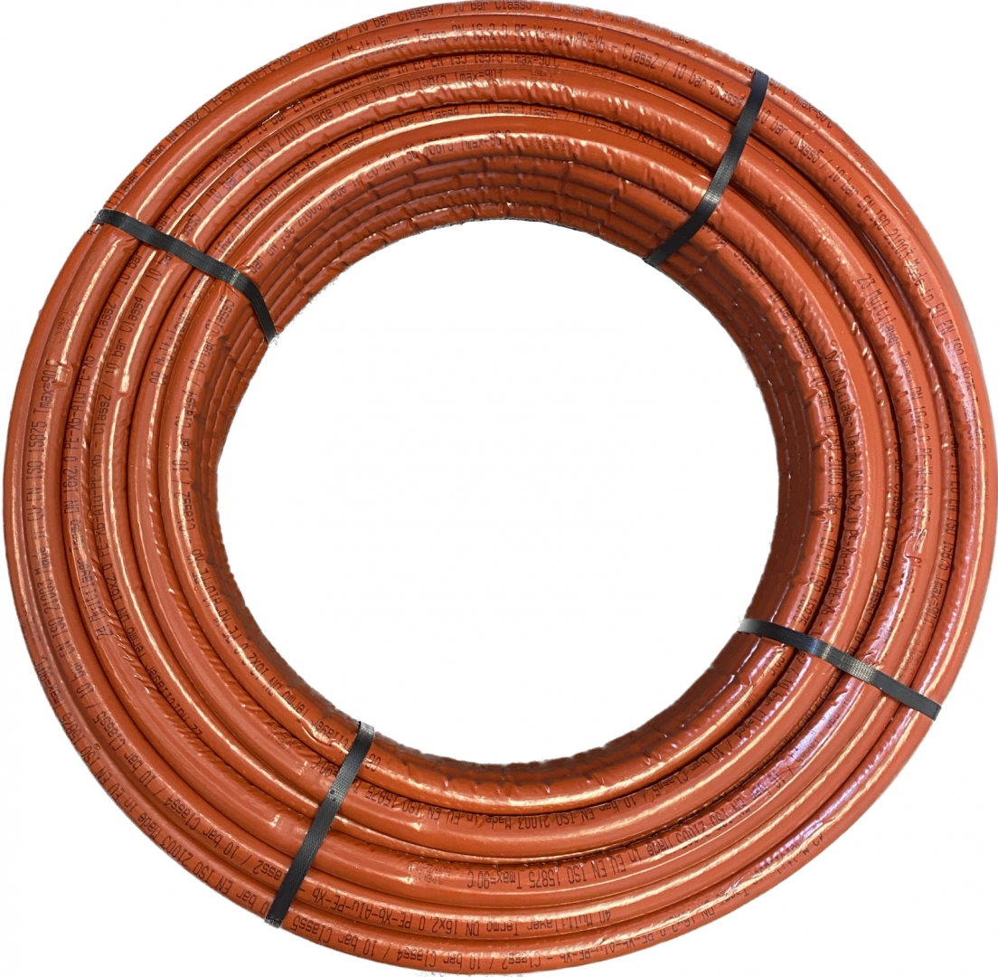 Multilayer Thermo PEX 26x3mm szigetelt ötrétegű alumíniumbetétes cső 50fm/tekercs piros