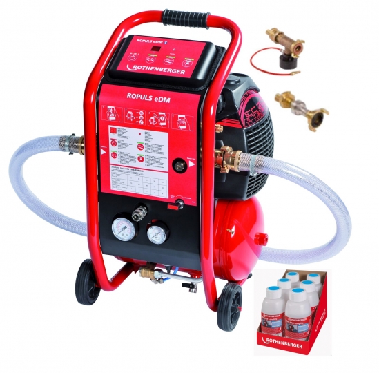 Rothenberger Ropuls EDM Mosókompresszor + injektor + 2 bar-os nyomáscsökkentő + 6 x1 l padlófűtés tisztító koncentrátum