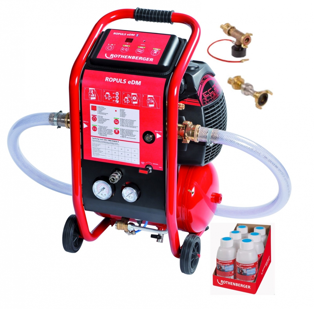 Rothenberger Ropuls EDM Mosókompresszor + injektor + 2 bar-os nyomáscsökkentő + 6 x1 l padlófűtés tisztító koncentrátum