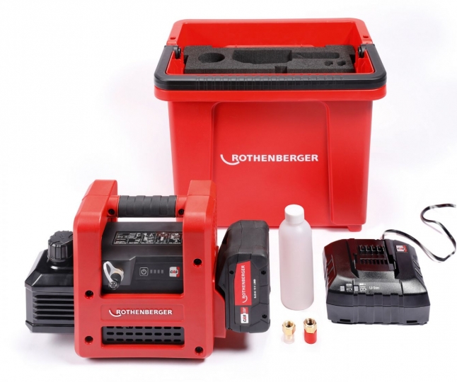 Rothenberger Roairvac R32 2.0 CL Kétlépcsős akkumulátoros vákuumszivattyú + töltő + tároló vödör