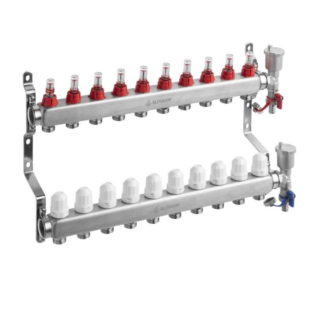Slovarm 10 körös Komplett áramlásmérős osztó-gyűjtő rozsdamentes acélból osztóvéggel