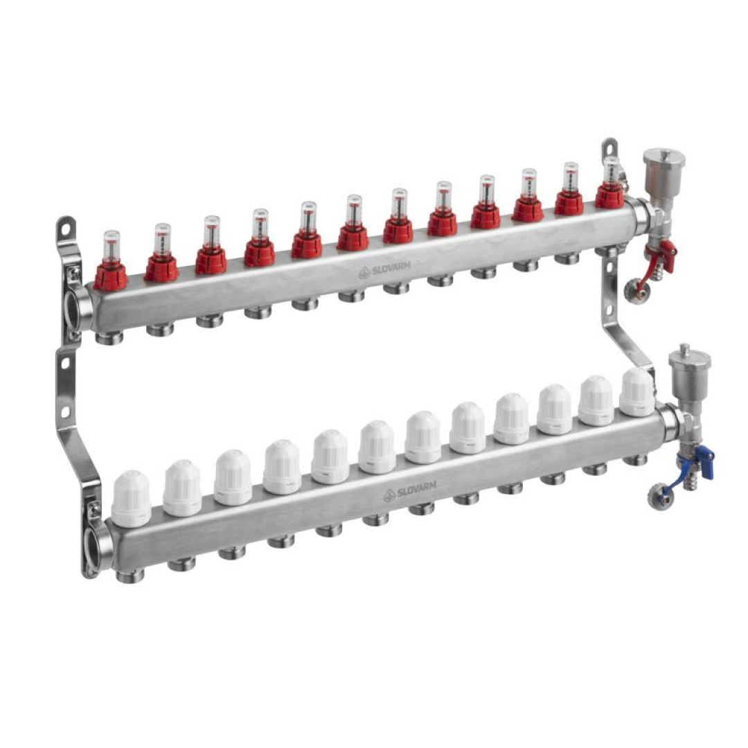 Slovarm 12 körös Komplett áramlásmérős osztó-gyűjtő rozsdamentes acélból osztóvéggel