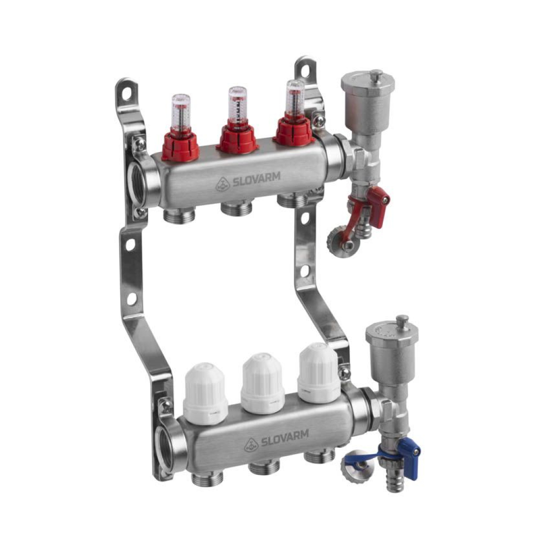 Slovarm 3 körös Komplett áramlásmérős osztó-gyűjtő rozsdamentes acélból osztóvéggel