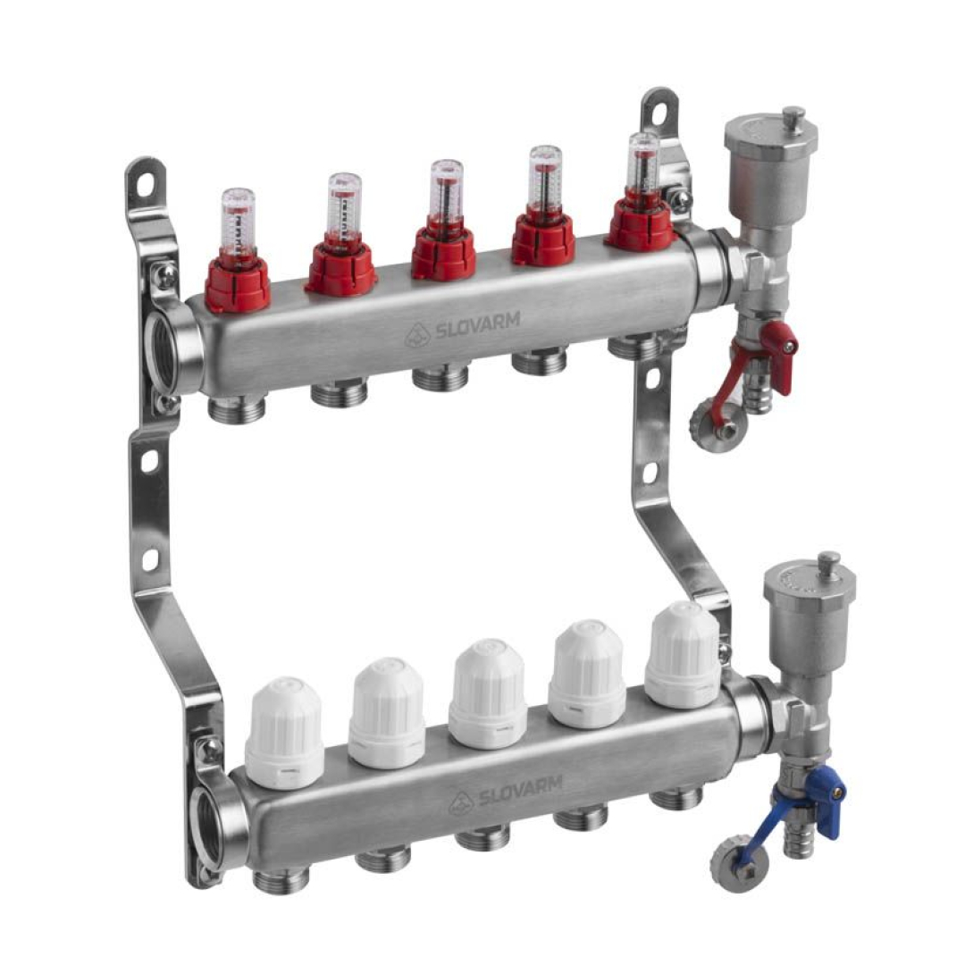 Slovarm 5 körös Komplett áramlásmérős osztó-gyűjtő rozsdamentes acélból osztóvéggel