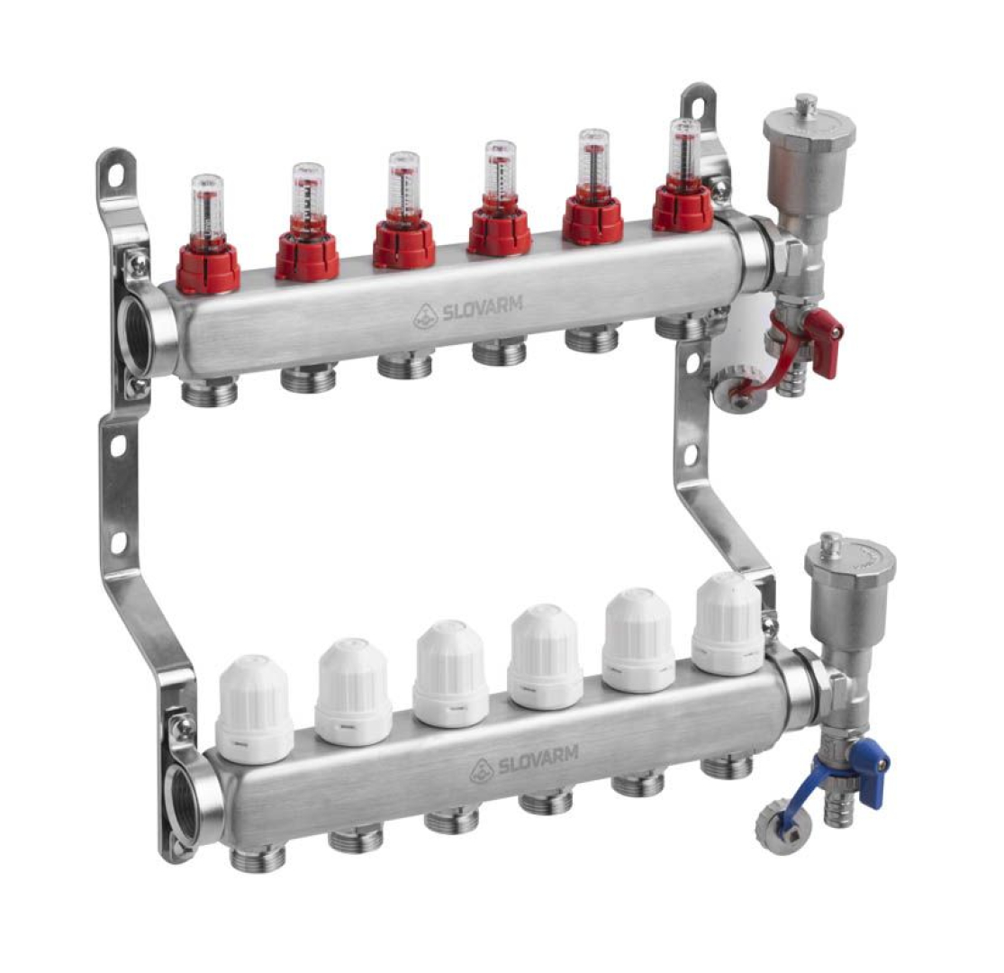 Slovarm 6 körös Komplett áramlásmérős osztó-gyűjtő rozsdamentes acélból osztóvéggel