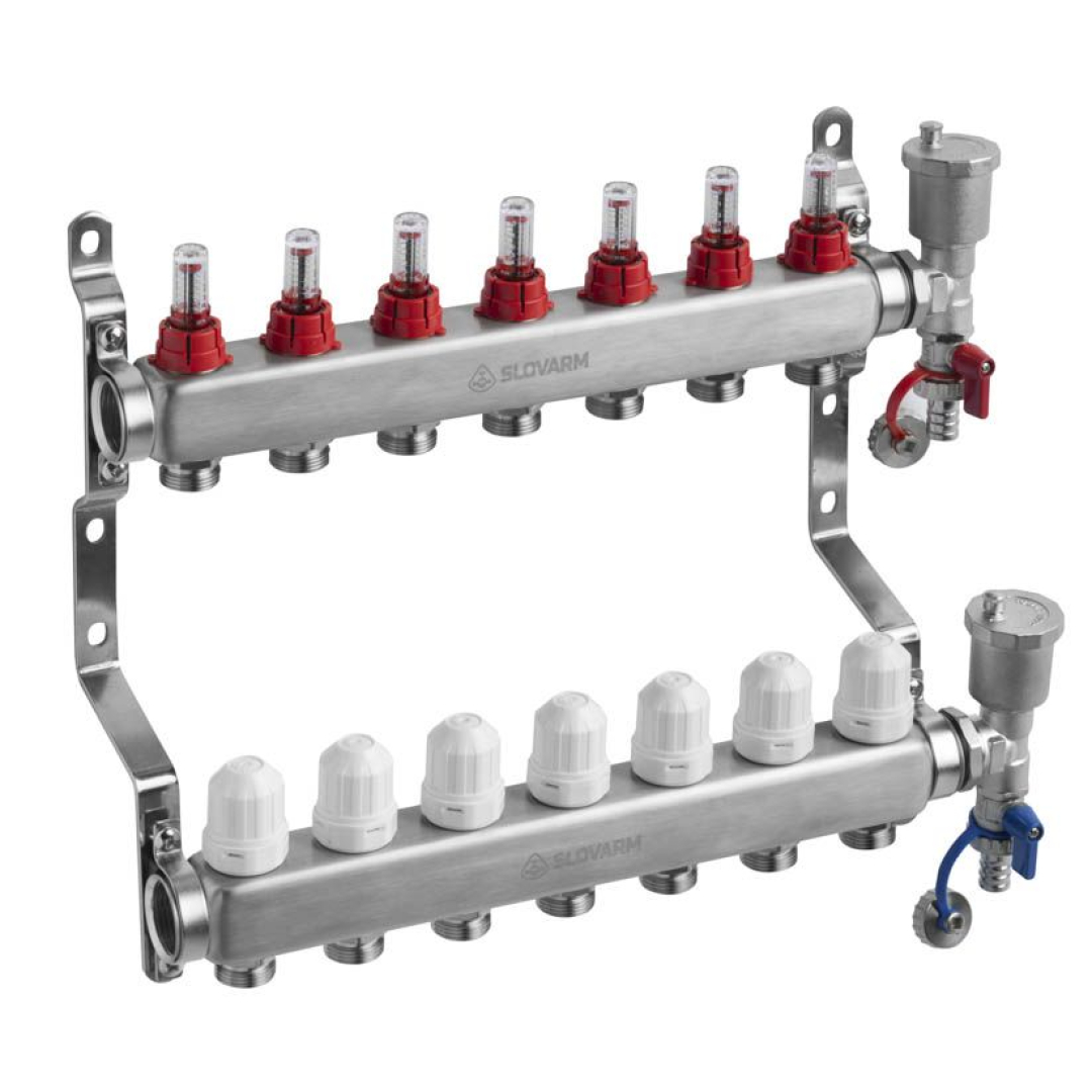 Slovarm 7 körös Komplett áramlásmérős osztó-gyűjtő rozsdamentes acélból osztóvéggel