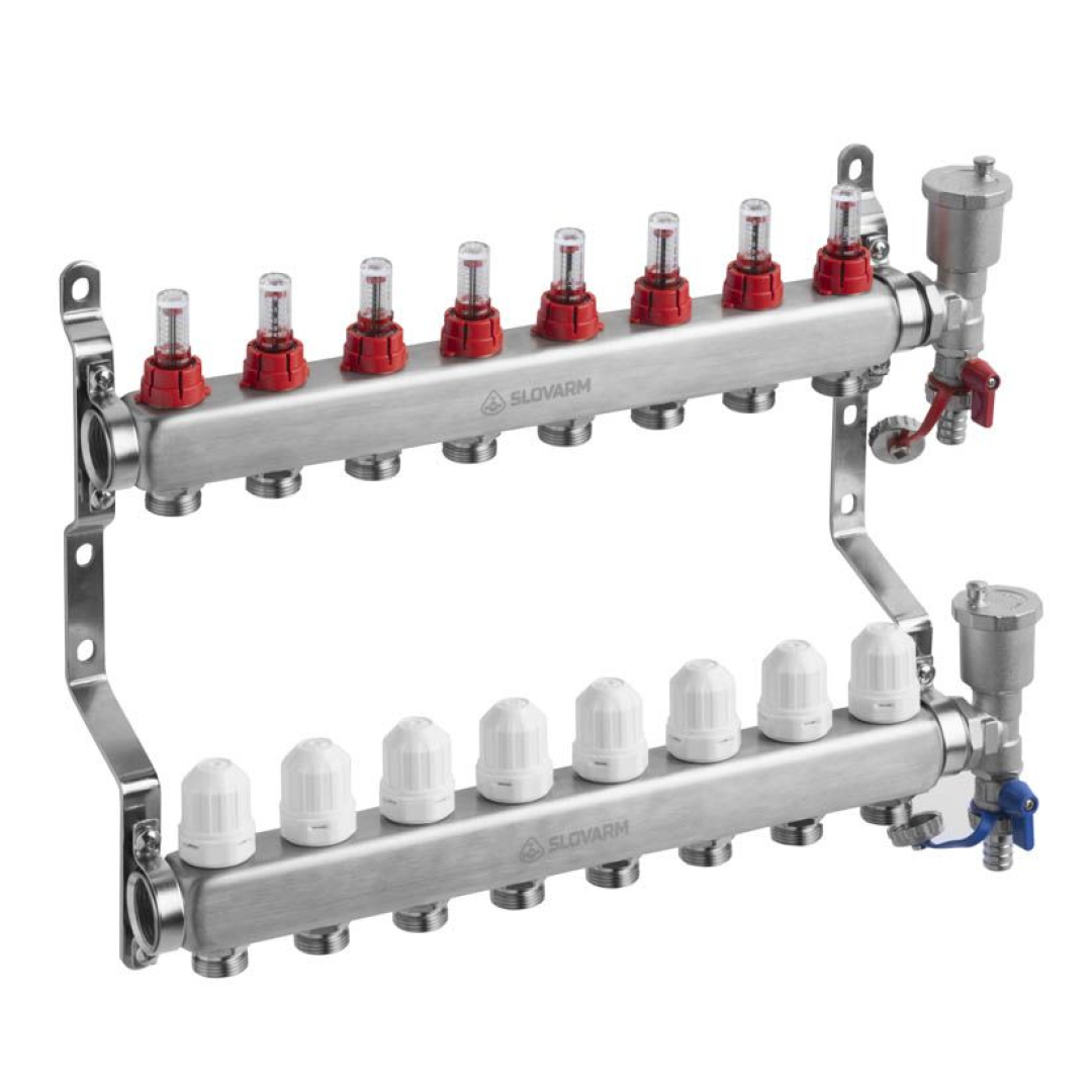 Slovarm 8 körös Komplett áramlásmérős osztó-gyűjtő rozsdamentes acélból osztóvéggel