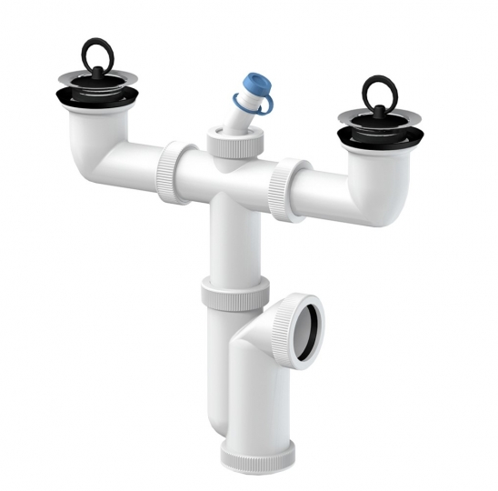 Slovarm Mosogatószifon kétmedencés mosogatóhoz, Ø70 mm-es rozsdamentes acél lefolyószűrő, csatlakozócsonkkal 620984