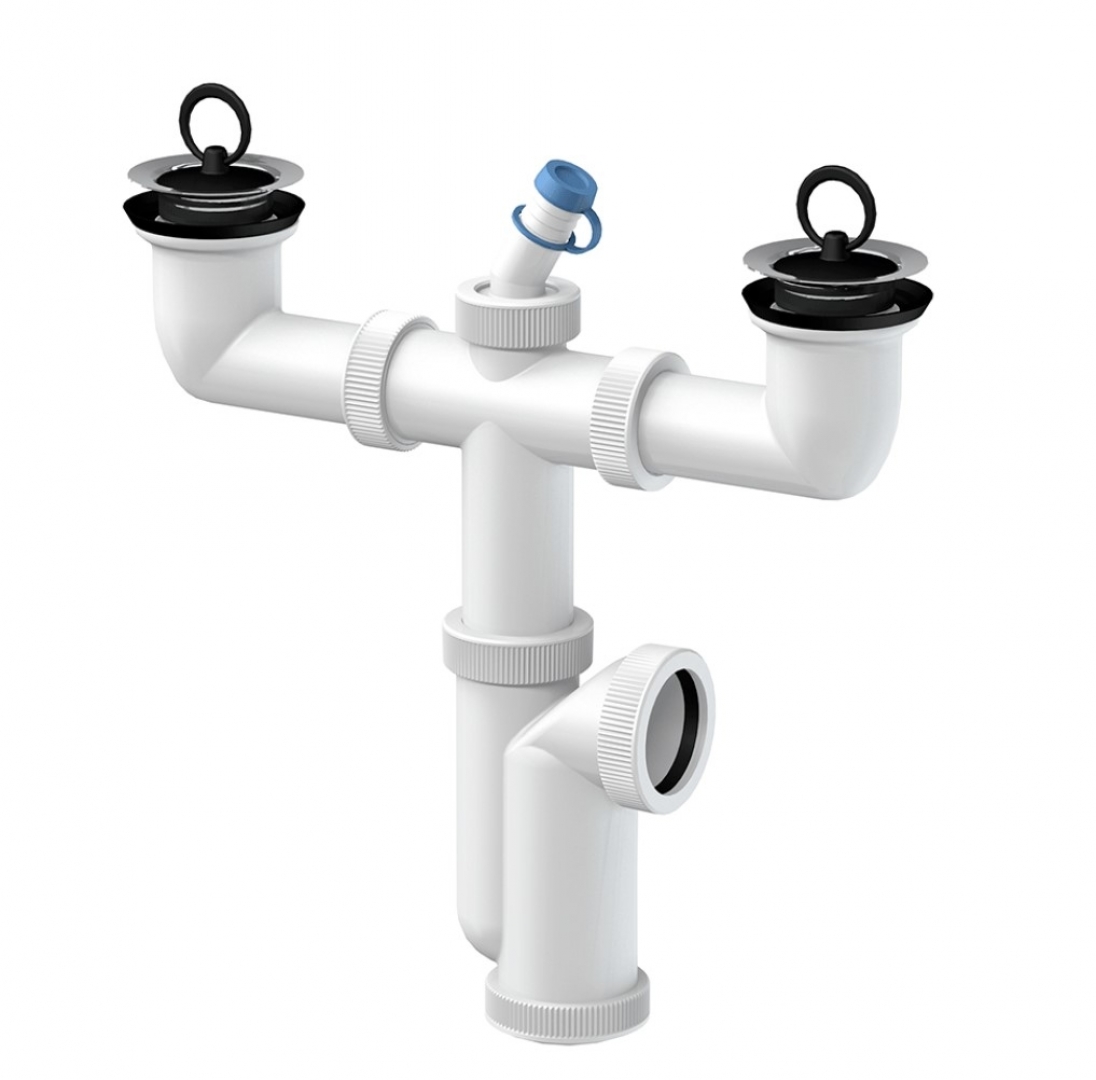 Slovarm Mosogatószifon kétmedencés mosogatóhoz, Ø70 mm-es rozsdamentes acél lefolyószűrő, csatlakozócsonkkal 620984