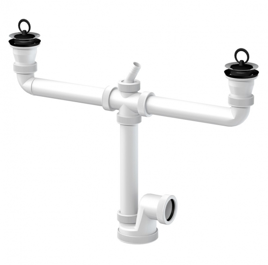 Slovarm Mosogatószifon kétmedencés mosogatóhoz, Ø70 mm-es rozsdamentes acél lefolyószűrő, csatlakozócsonkkal 621004