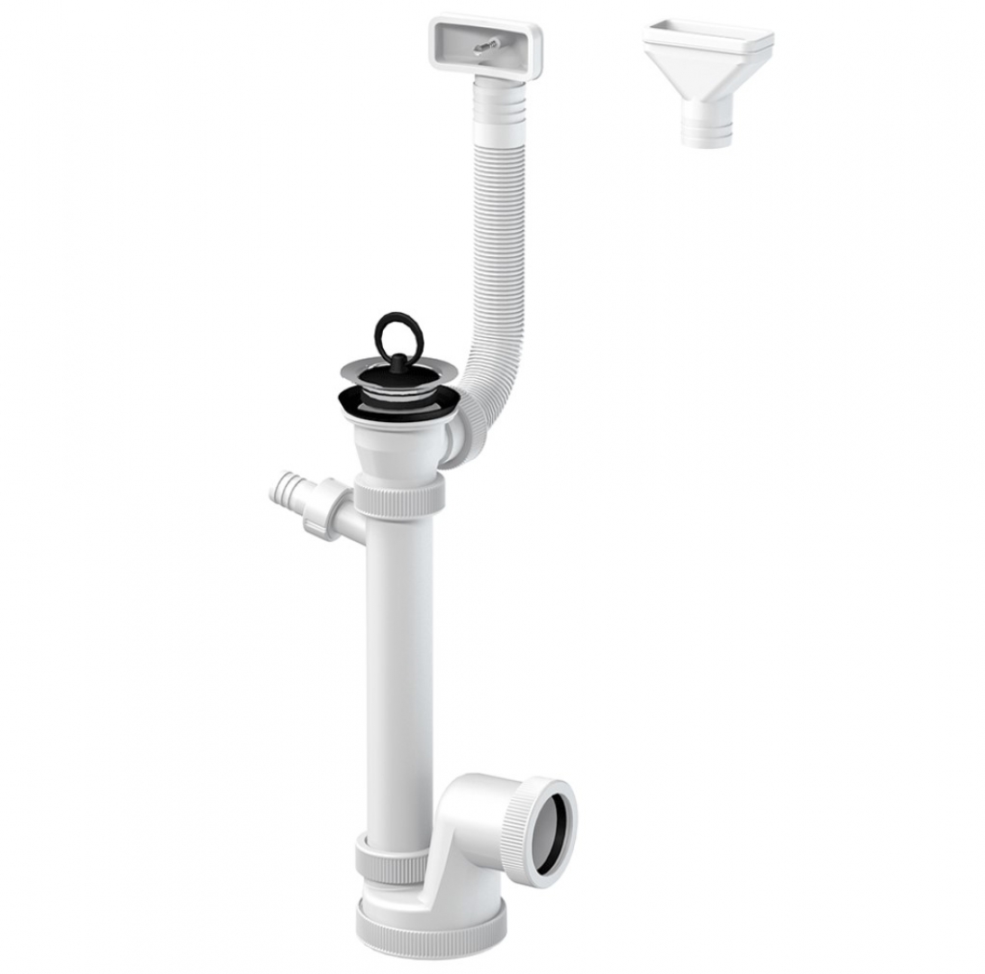 Slovarm Mosogatószifon, rozsdamentes acél lefolyószűrő Ø70 mm, csatlakozócsonkkal és flexibilis túlfolyóval 621114