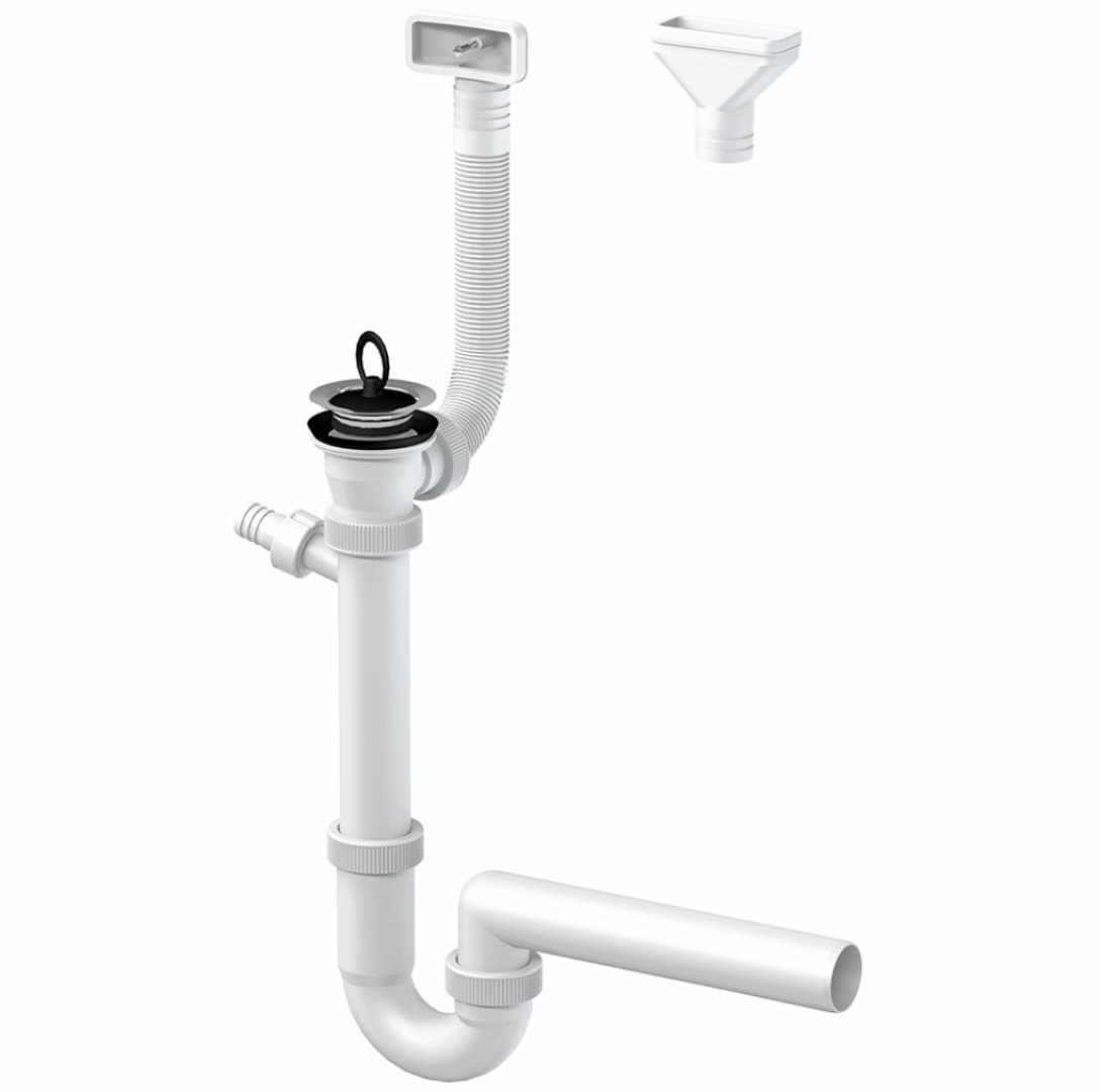 Slovarm „U“ alakú mosogatószifon, rozsdamentes acél lefolyószűrő Ø70 mm, csatlakozócsonkkal, flexibilis túlfolyóval 621398