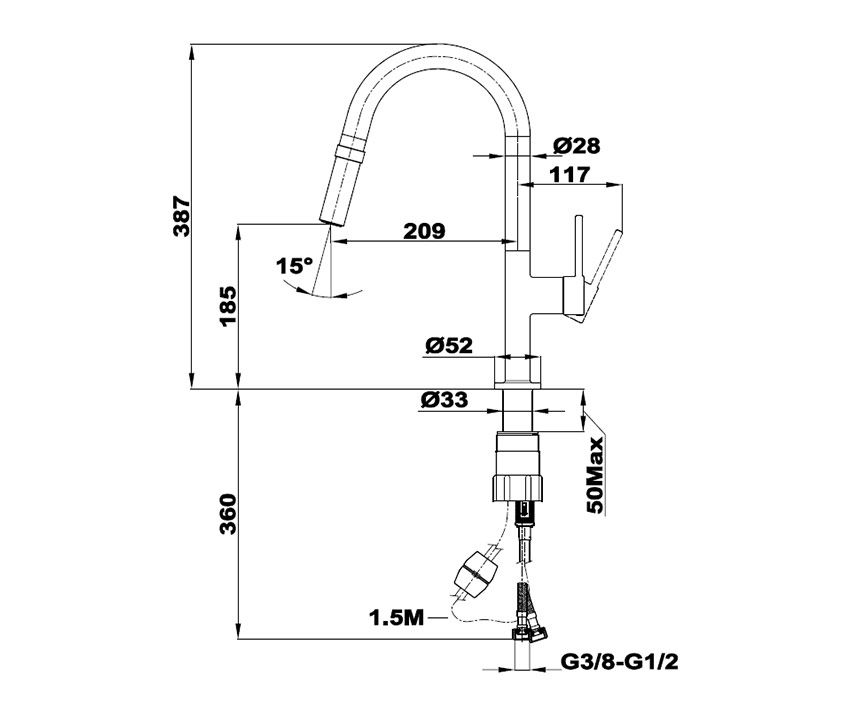 Mofém Junior EVO X Álló Mosogató Csaptelep Magas 240 mm-es Nagyíves Kifolyócsővel 152-0052-01 műszaki adatlap