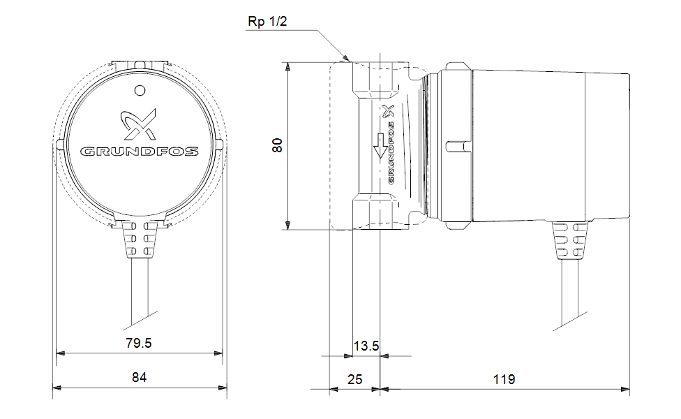 Grundfos COMFORT 15-14 B PM Cirkulációs szivattyú (97916771) műszaki ábra