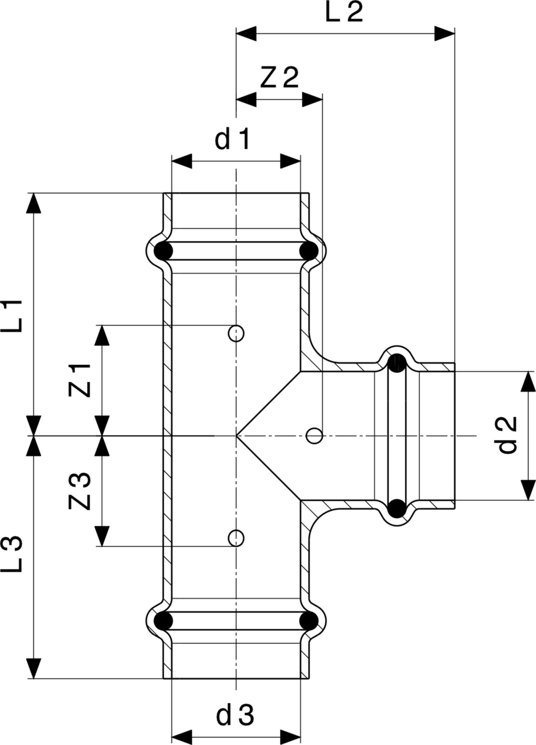 Viega Réz gáz press T-idom műszaki ábra