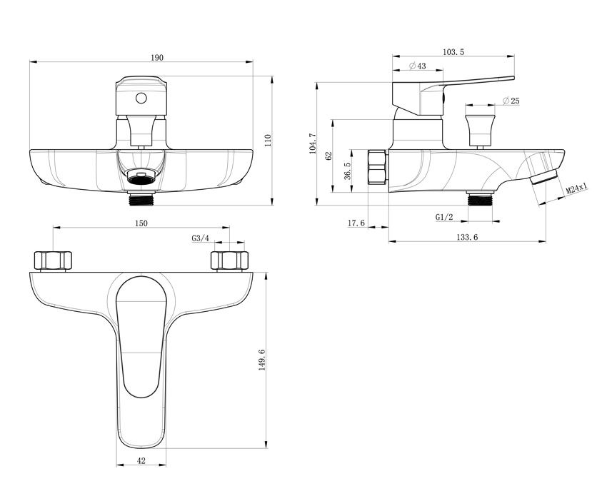 Mofém PRO Kádtöltő csaptelep zuhanyszett nélküli 151-1751-00 műszaki ábra