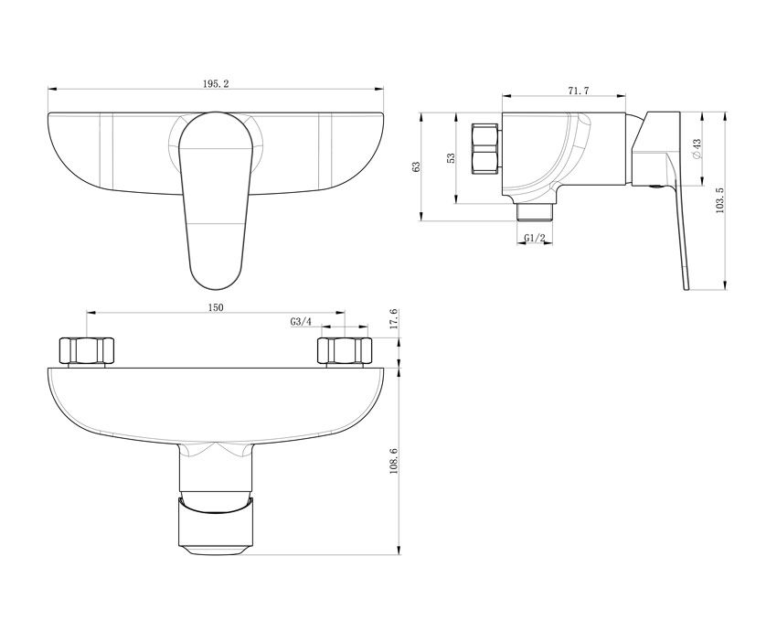 Mofém PRO Zuhany csaptelep zuhanyszett nélkül 153-1751-00 műszaki ábra