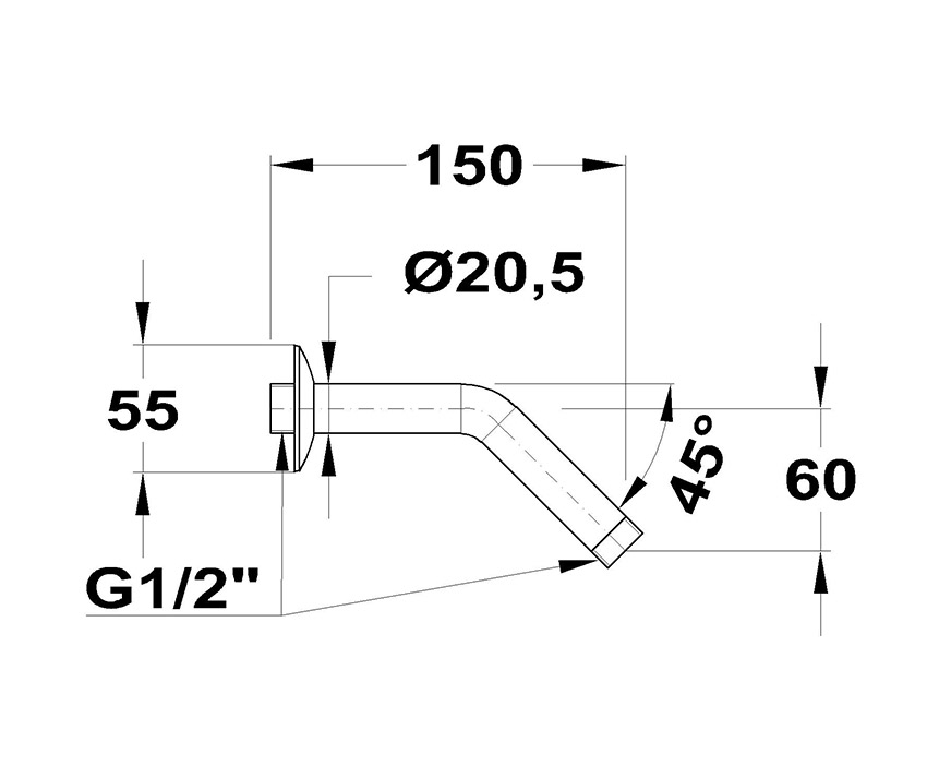 Mofém 45° x 150 Zuhanykar 169-0003-00 méret ábra