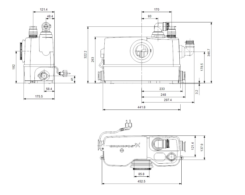 Grundfos Sololift2 Wc-3 Kompakt szennyvízátemelő szivattyú műszaki ábra