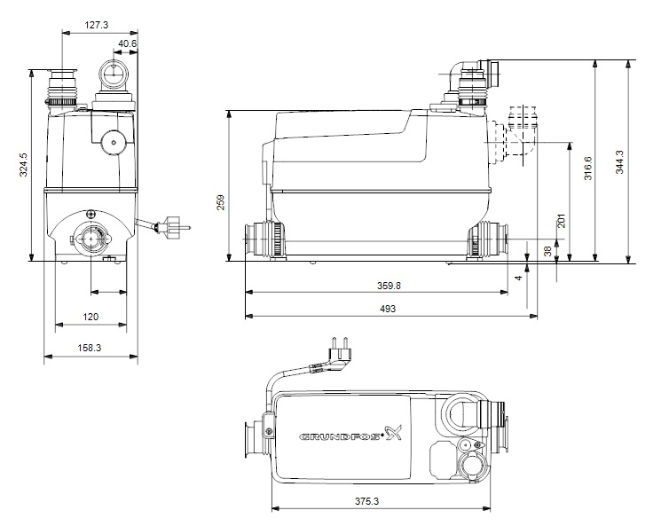 Grundfos Sololift2 C-3 Kompakt szennyvízátemelő szivattyú műszaki ábra