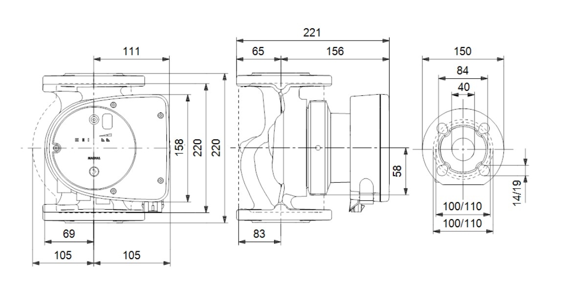 Grundfos MAGNA1 40-120 F 250 Fűtési keringető szivattyú PN6/10 (99221305) műszaki ábra